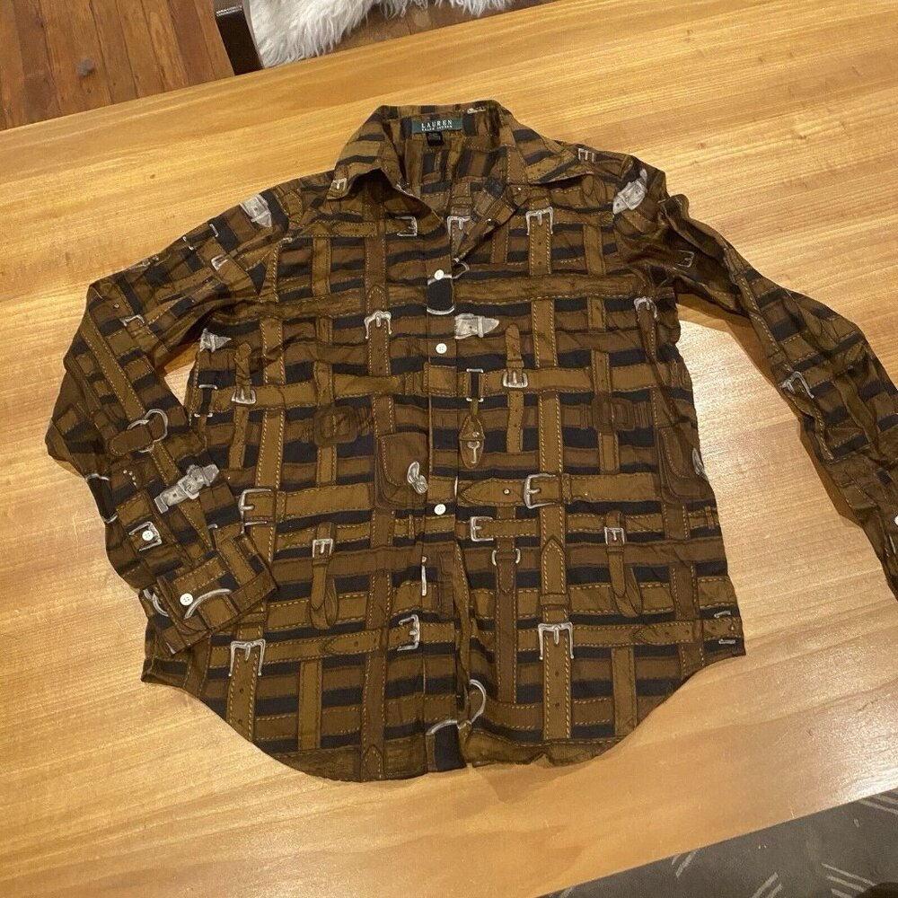 Lauren Ralph Lauren Top Womens Medium Brown Equestrian Long Sleeve Shirt